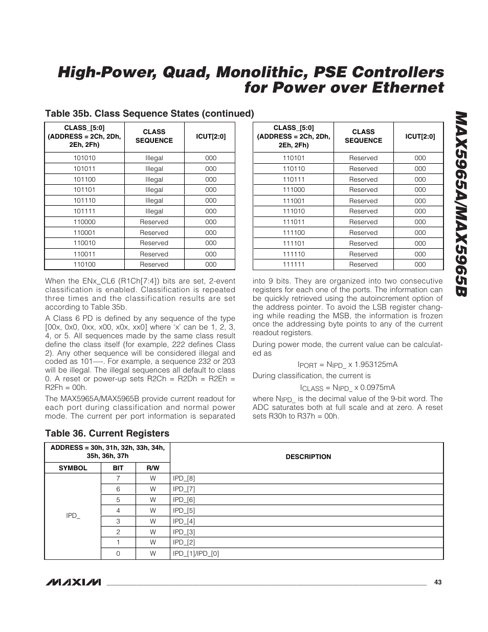Table 35b. class sequence states (continued), Table 36. current registers | Rainbow Electronics MAX5965B User Manual | Page 43 / 52
