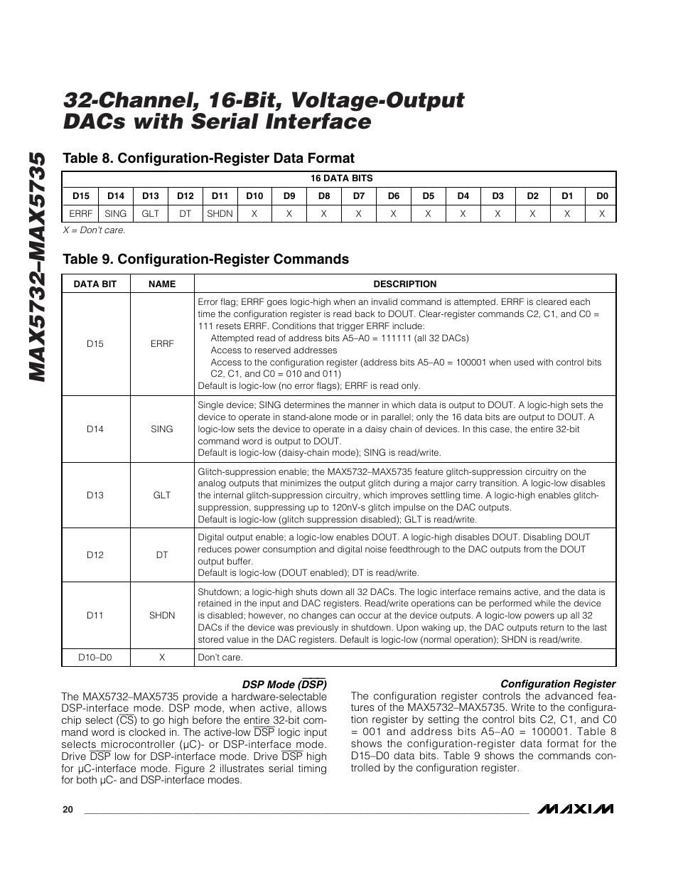 Table 9. configuration-register commands, Table 8. configuration-register data format | Rainbow Electronics MAX5735 User Manual | Page 20 / 26
