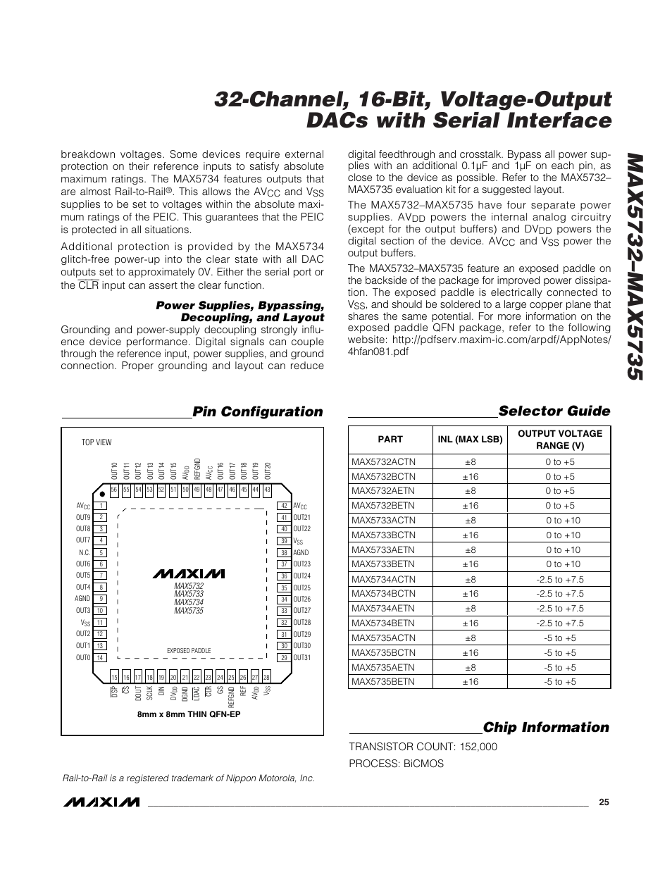 Selector guide, Pin configuration, Chip information | Power supplies, bypassing, decoupling, and layout | Rainbow Electronics MAX5735 User Manual | Page 25 / 26