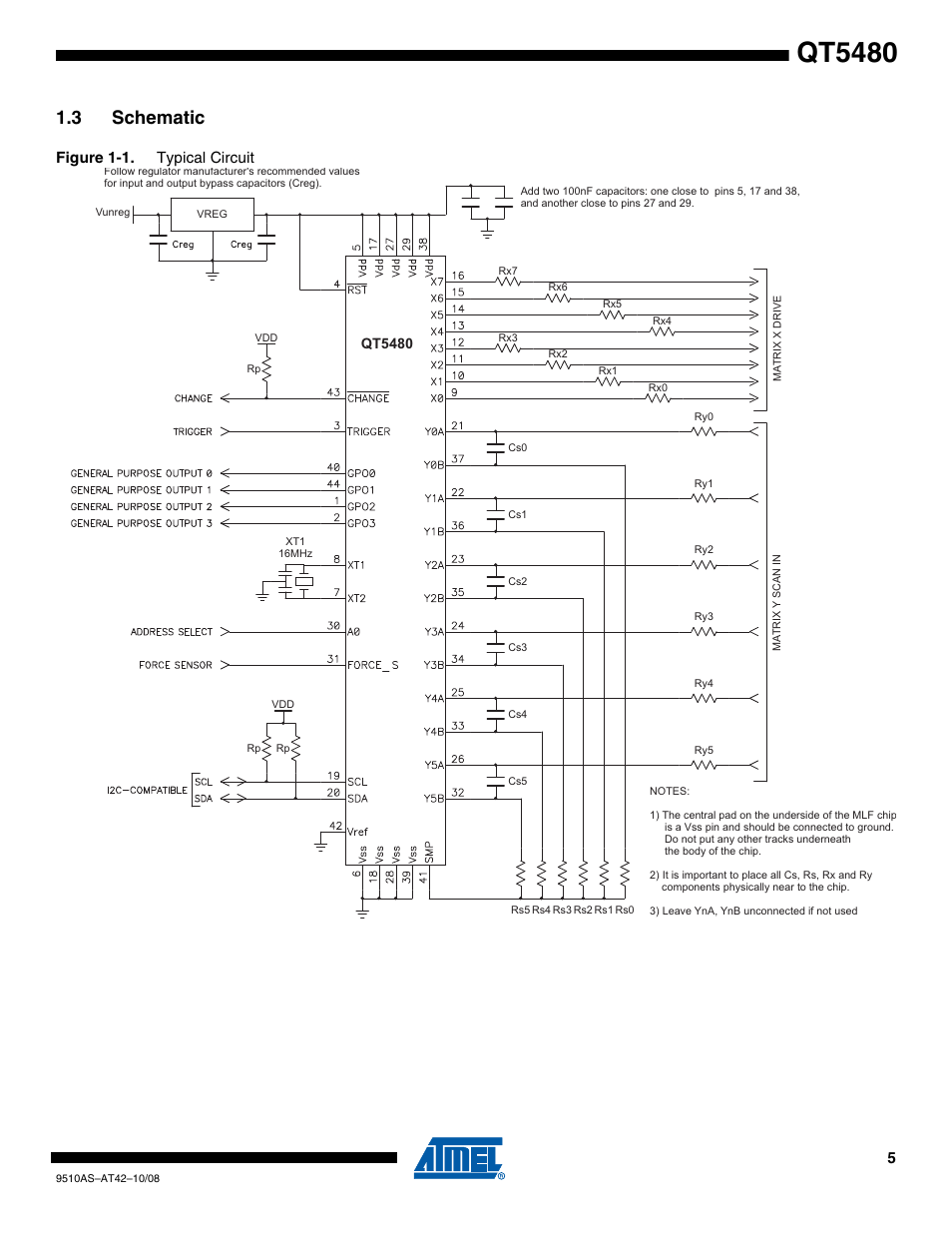 3 schematic, Qt5480, Figure 1-1. typical circuit | Rainbow Electronics AT42QT5480 User Manual | Page 5 / 10