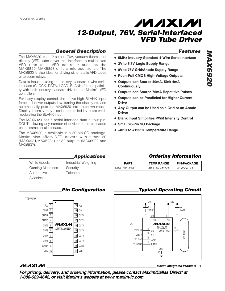 Rainbow Electronics MAX6920 User Manual | 10 pages