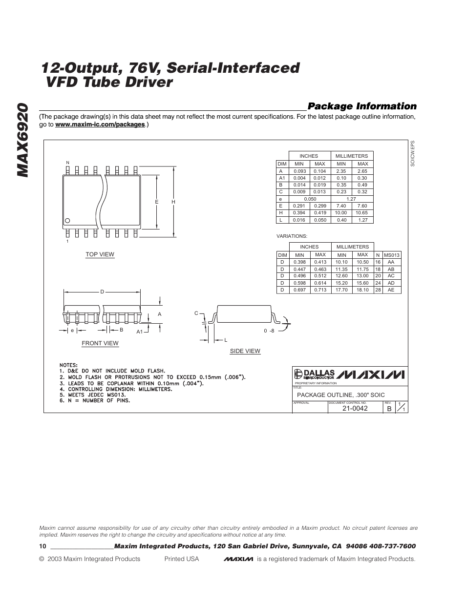 Package information | Rainbow Electronics MAX6920 User Manual | Page 10 / 10