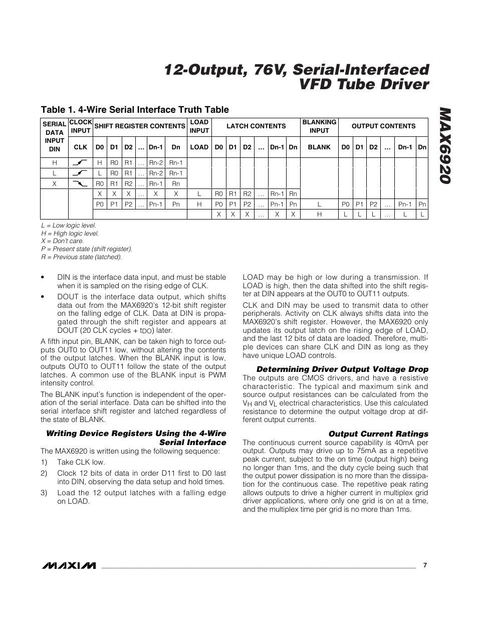 Table 1. 4-wire serial interface truth table | Rainbow Electronics MAX6920 User Manual | Page 7 / 10