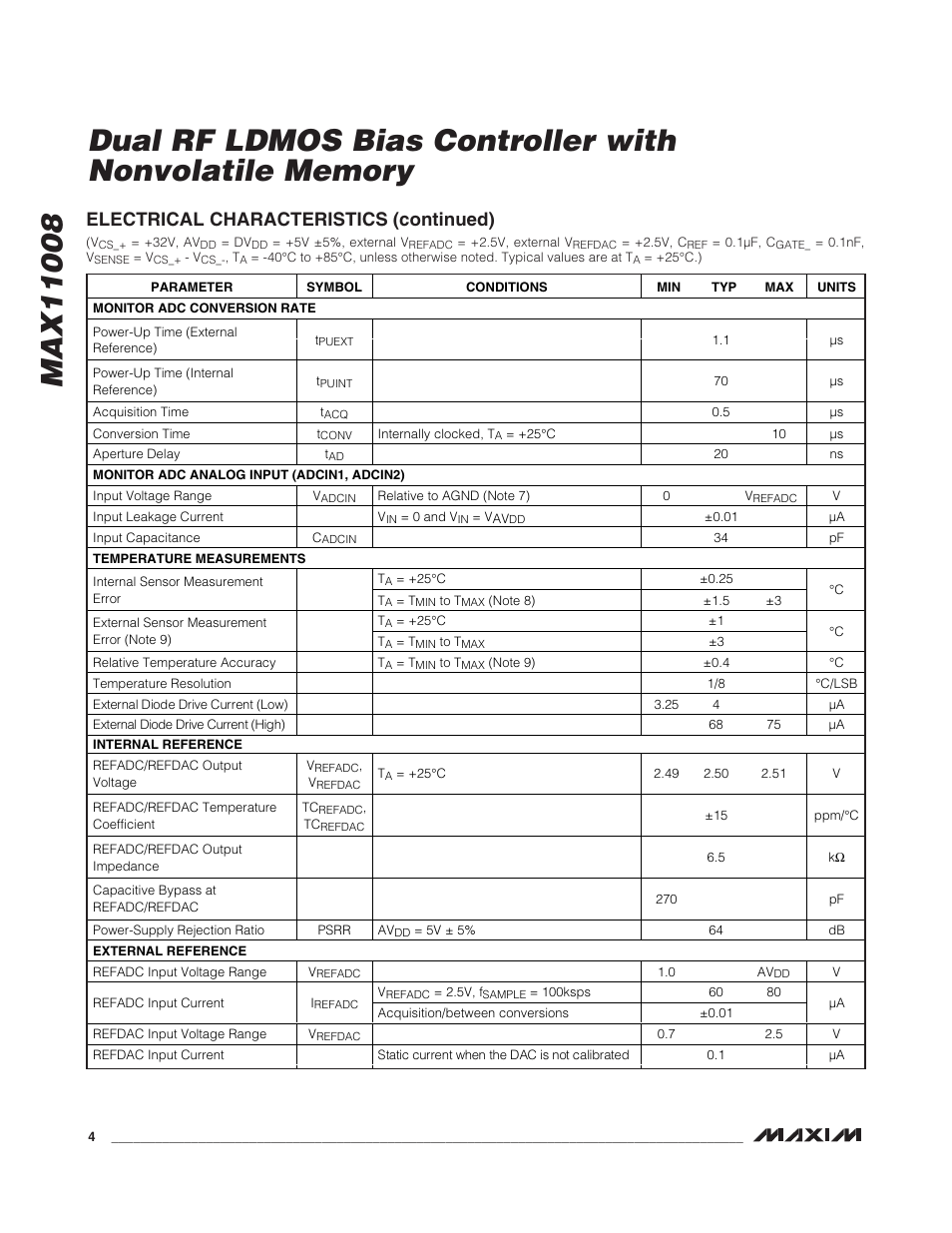 Electrical characteristics (continued) | Rainbow Electronics MAX11008 User Manual | Page 4 / 67