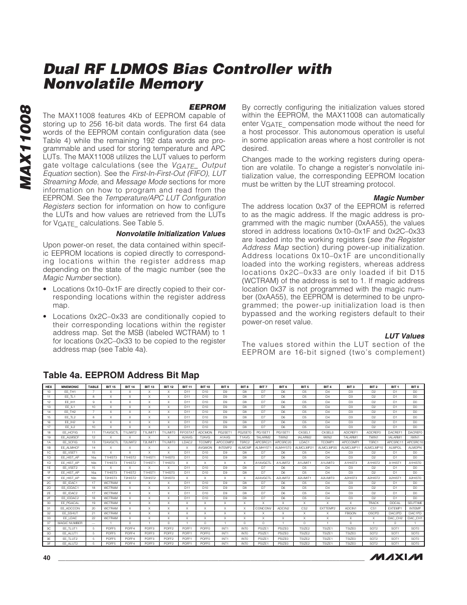 Table 4a. eeprom address bit map, Eeprom, Output equation | First-in-first-out (fifo), Lut streaming mode, Message mode, Temperature/apc lut configuration registers, Nonvolatile initialization values, Magic number, See the register address map | Rainbow Electronics MAX11008 User Manual | Page 40 / 67