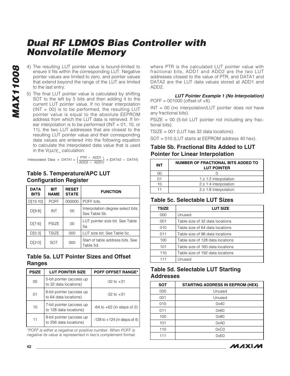 Table 5a. lut pointer sizes and offset ranges, Table 5c. selectable lut sizes, Table 5d. selectable lut starting addresses | Rainbow Electronics MAX11008 User Manual | Page 42 / 67
