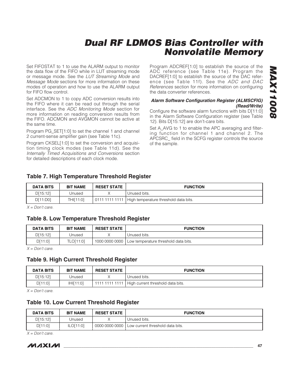 Table 7. high temperature threshold register, Table 8. low temperature threshold register, Table 9. high current threshold register | Table 10. low current threshold register | Rainbow Electronics MAX11008 User Manual | Page 47 / 67