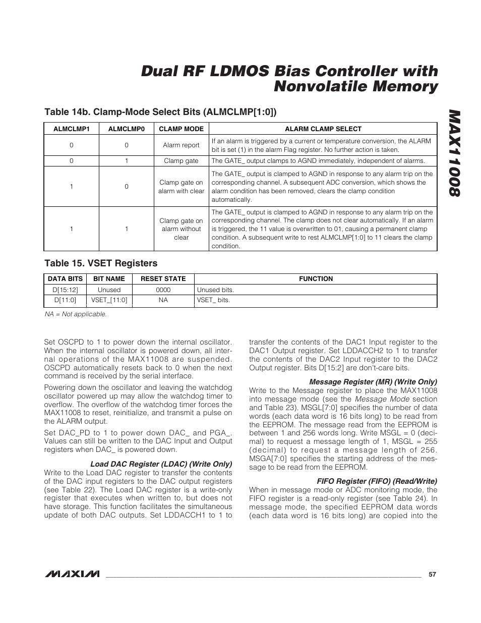 Table 14b. clamp-mode select bits (almclmp[1:0]), Table 15. vset registers | Rainbow Electronics MAX11008 User Manual | Page 57 / 67