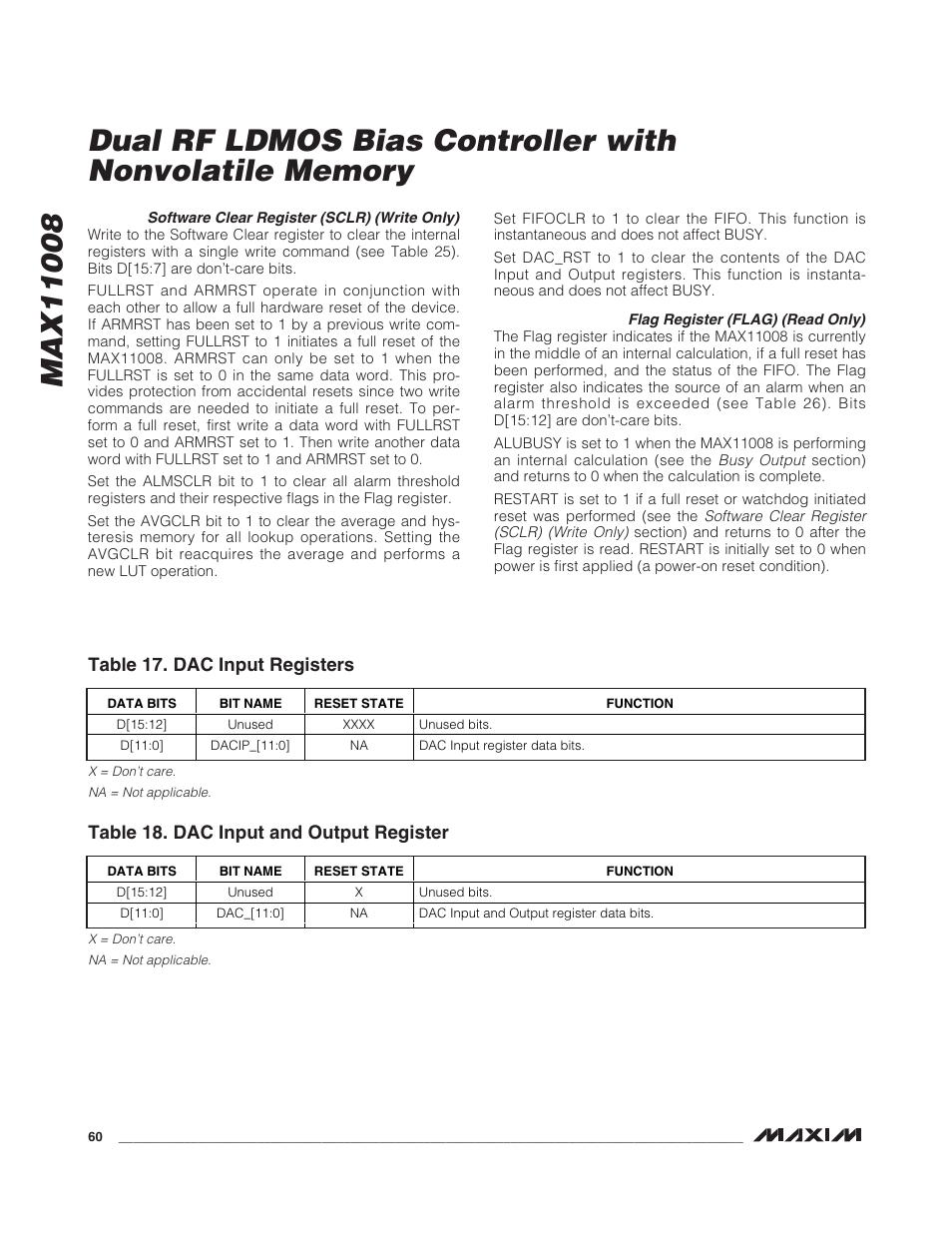 Table 17. dac input registers, Table 18. dac input and output register | Rainbow Electronics MAX11008 User Manual | Page 60 / 67