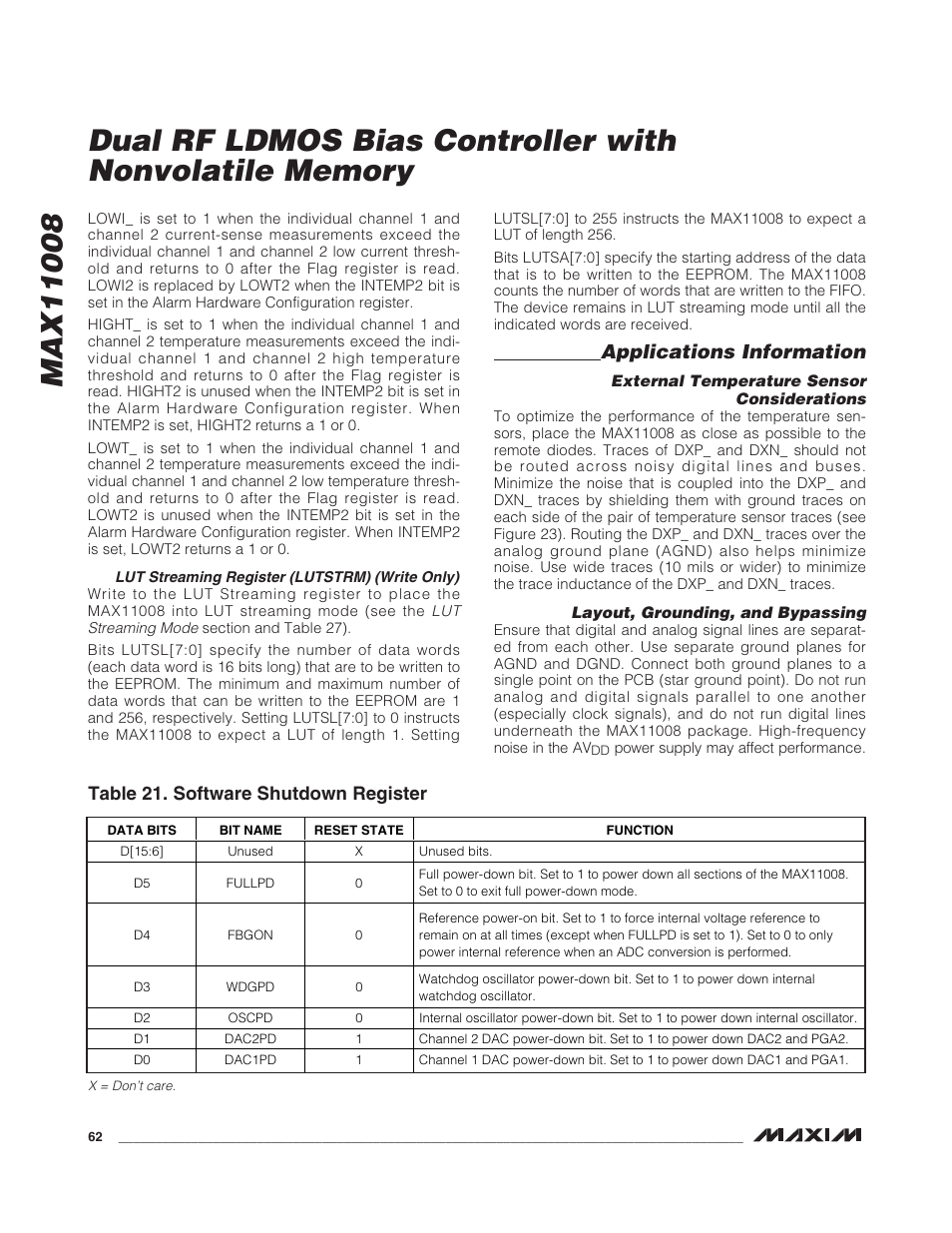 Applications information, Table 21. software shutdown register | Rainbow Electronics MAX11008 User Manual | Page 62 / 67