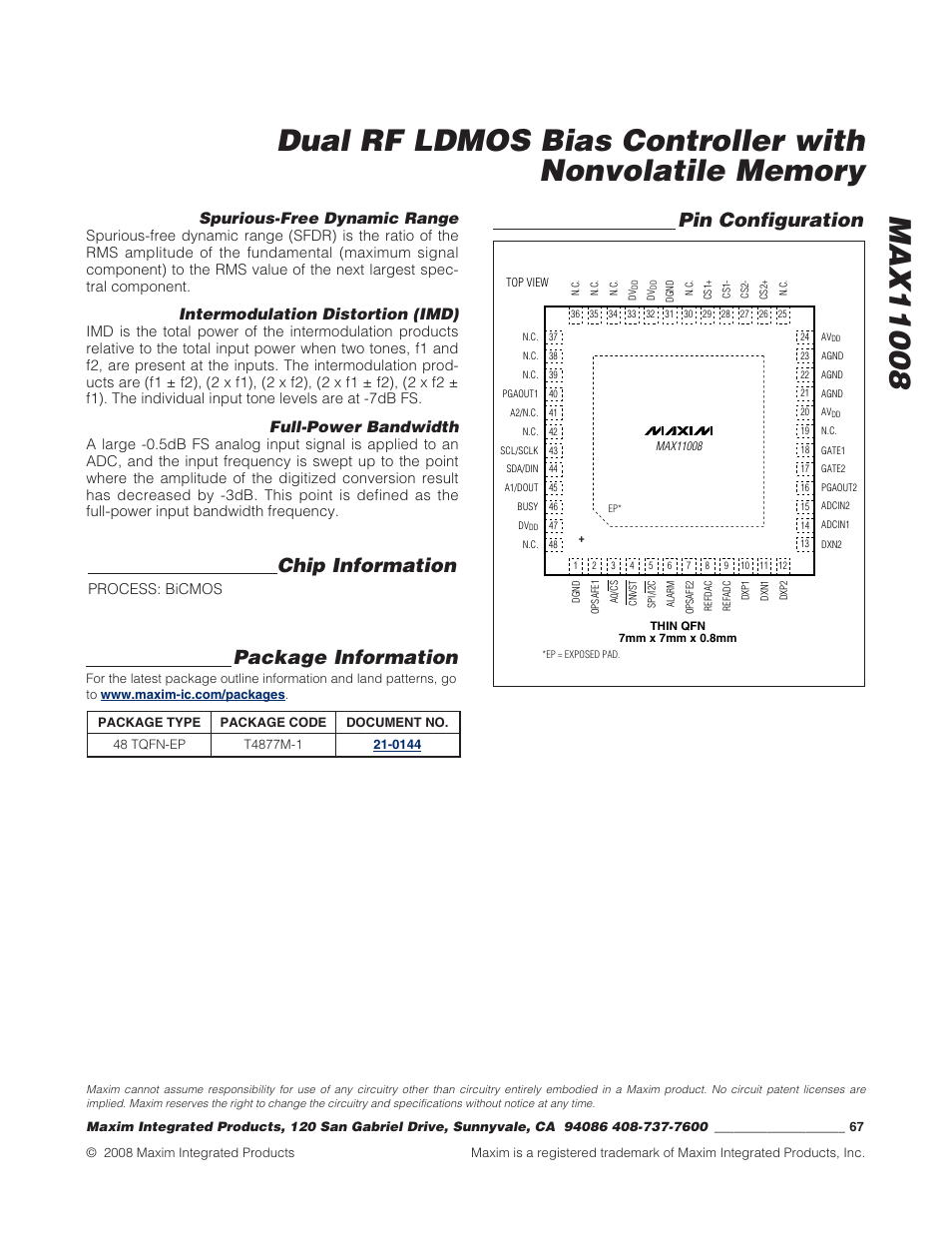 Chip information, Package information, Pin configuration | Spurious-free dynamic range, Intermodulation distortion (imd), Full-power bandwidth | Rainbow Electronics MAX11008 User Manual | Page 67 / 67