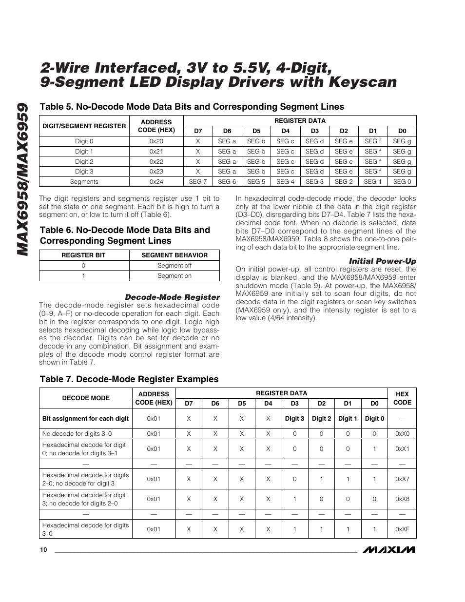 Table 7. decode-mode register examples | Rainbow Electronics MAX6959 User Manual | Page 10 / 19