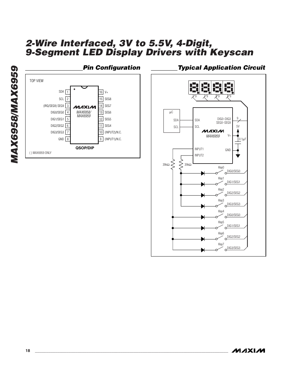 Typical application circuit, Pin configuration | Rainbow Electronics MAX6959 User Manual | Page 18 / 19