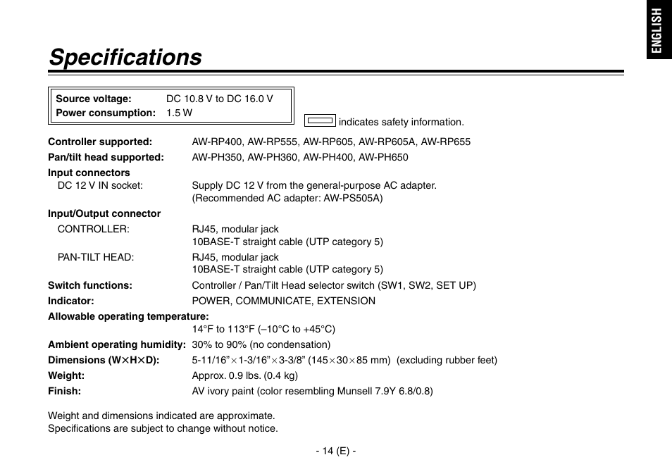 Specifications | Panasonic AW-IF400 User Manual | Page 15 / 112