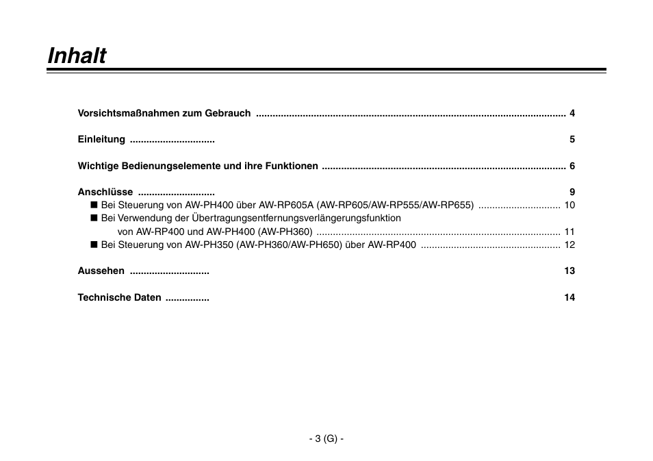 Inhalt | Panasonic AW-IF400 User Manual | Page 18 / 112