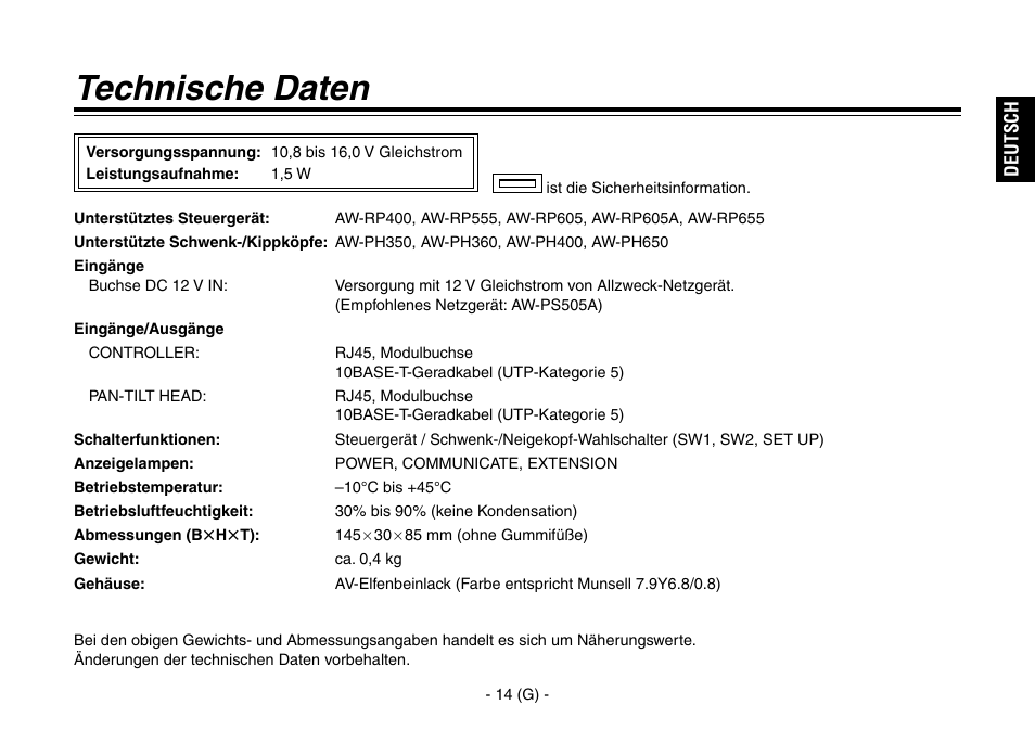 Technische daten | Panasonic AW-IF400 User Manual | Page 29 / 112