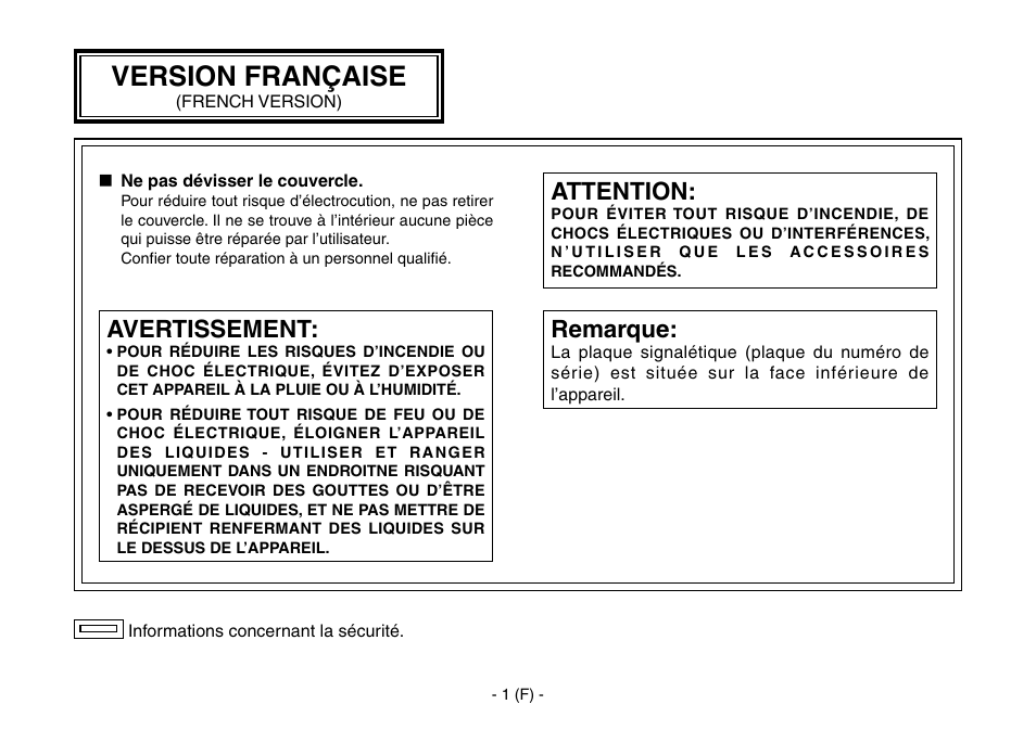 French, Version française, Avertissement | Attention, Remarque | Panasonic AW-IF400 User Manual | Page 30 / 112