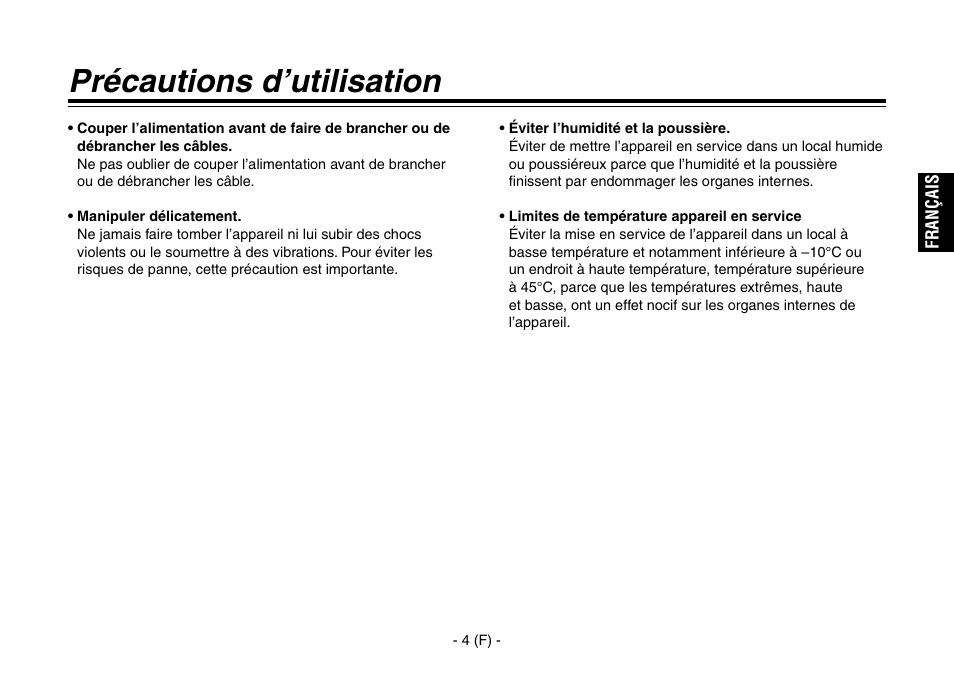 Précautions d’utilisation | Panasonic AW-IF400 User Manual | Page 33 / 112