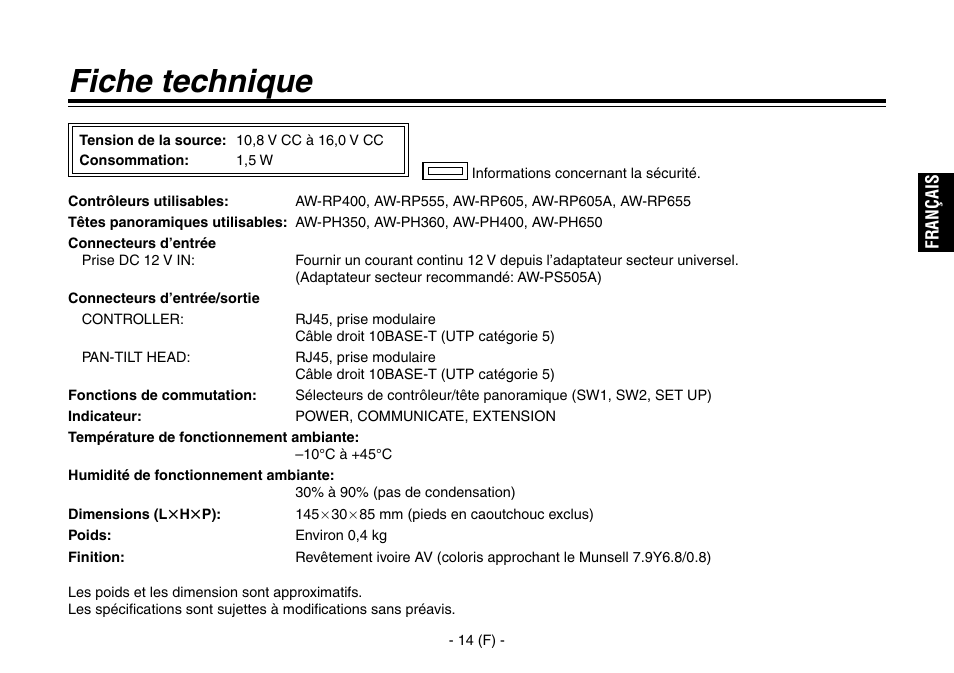 Fiche technique | Panasonic AW-IF400 User Manual | Page 43 / 112