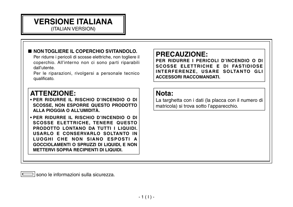 Italian, Versione italiana, Attenzione | Precauzione, Nota | Panasonic AW-IF400 User Manual | Page 44 / 112