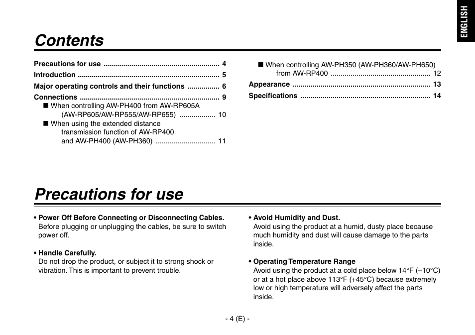 Precautions for use contents | Panasonic AW-IF400 User Manual | Page 5 / 112
