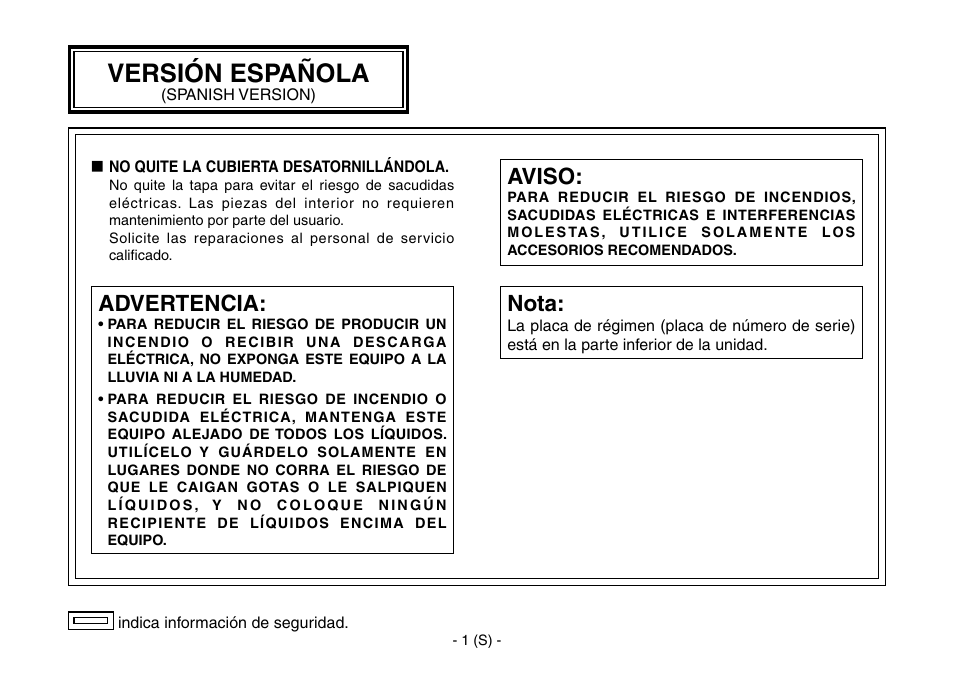 Spanish, Versión española, Advertencia | Aviso, Nota | Panasonic AW-IF400 User Manual | Page 58 / 112