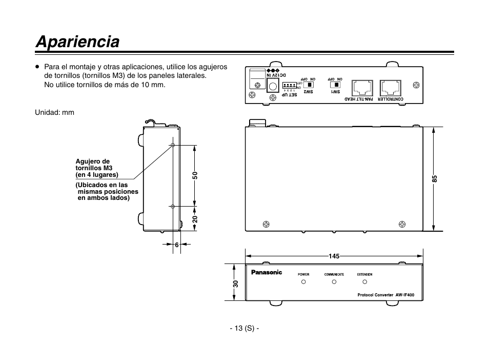 Apariencia | Panasonic AW-IF400 User Manual | Page 70 / 112