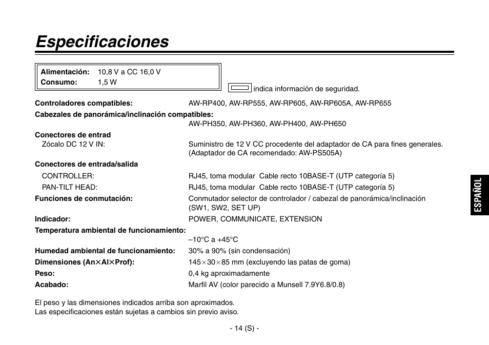 Especificaciones | Panasonic AW-IF400 User Manual | Page 71 / 112