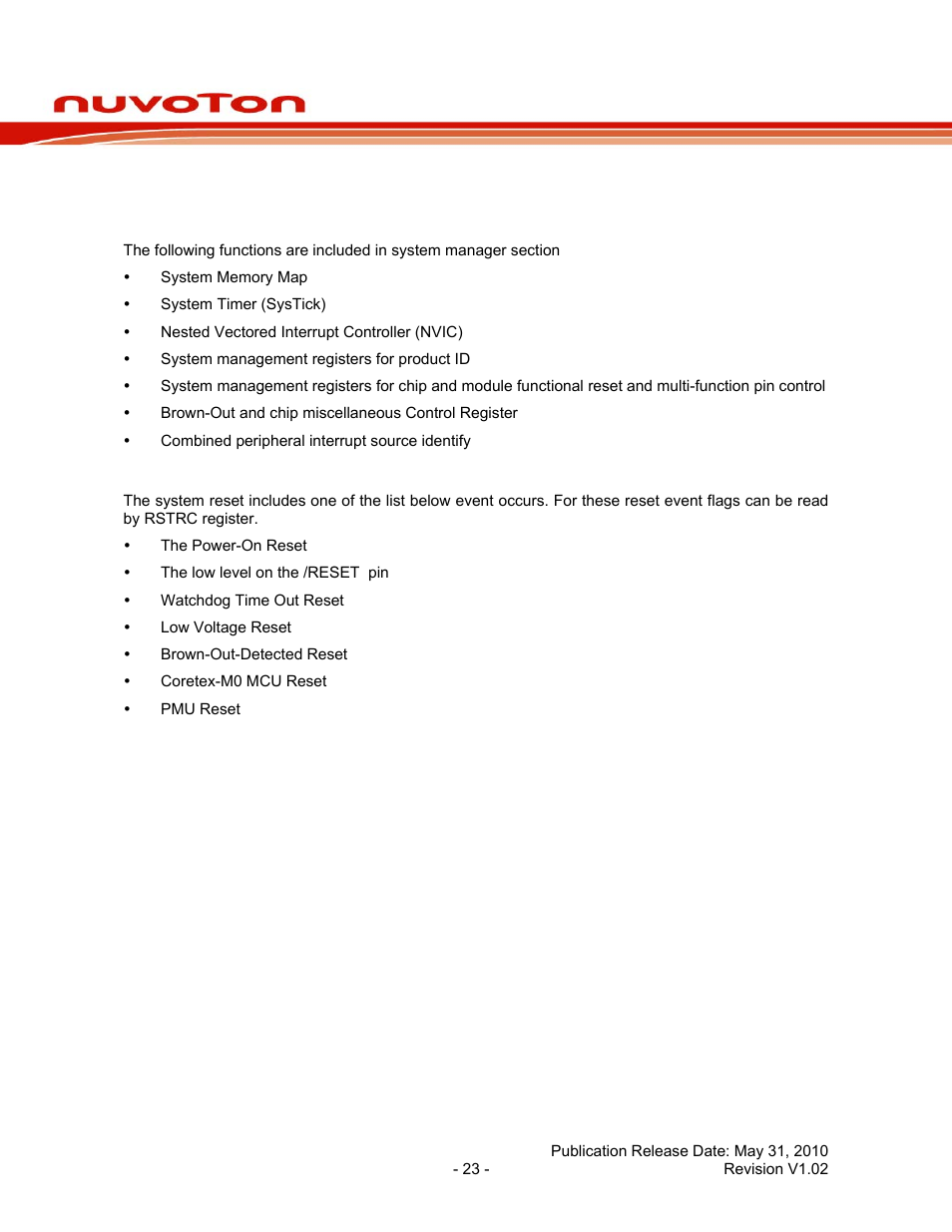 2 system manager, 1 overview, 2 system reset | System manager, Overview, System reset, Nuc100 series data sheet | Rainbow Electronics NUC100 User Manual | Page 23 / 67
