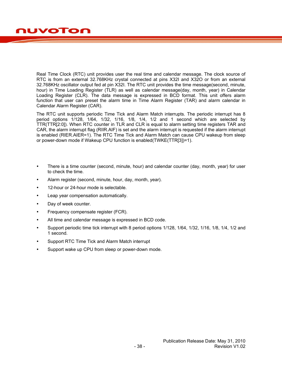 7 real time clock (rtc), 1 overview, 2 rtc features | Real time clock (rtc), Overview, Rtc features, Nuc100 series data sheet | Rainbow Electronics NUC100 User Manual | Page 38 / 67
