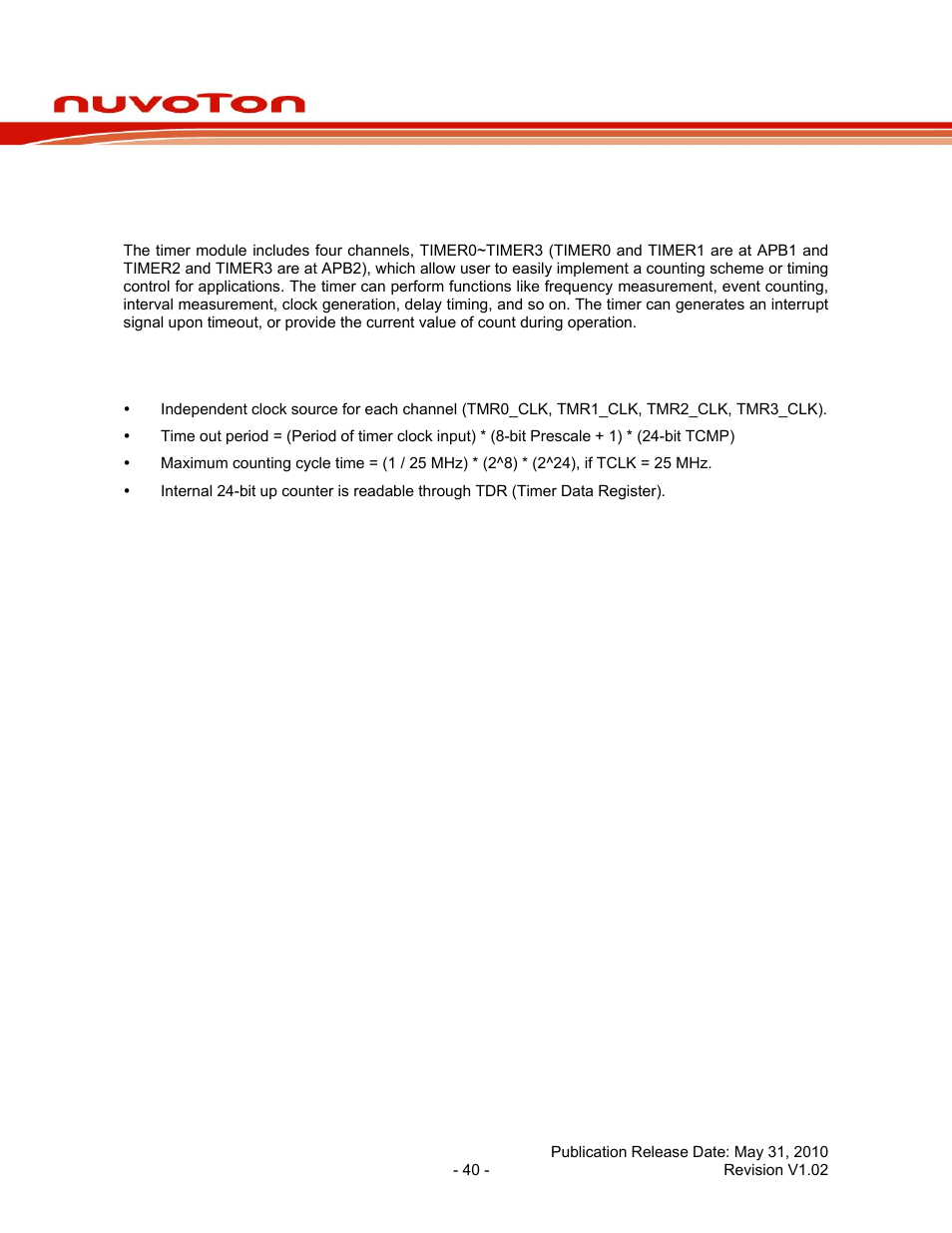 9 timer controller, 1 general timer controller, 2 features | Timer controller, General timer controller, Features, Nuc100 series data sheet | Rainbow Electronics NUC100 User Manual | Page 40 / 67