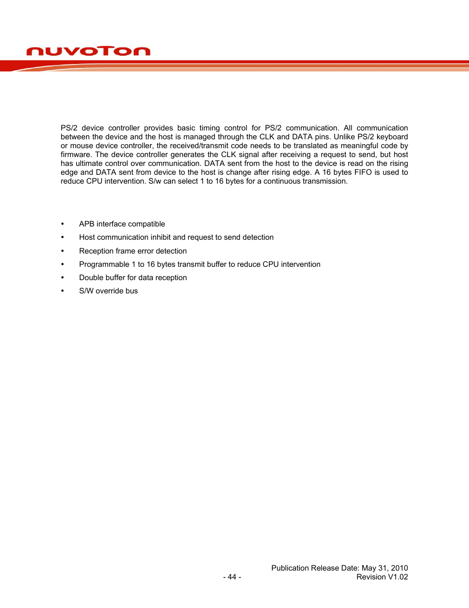 12 ps2 device controller (ps2d), 1 overview, 2 features | Ps2 device controller (ps2d), Overview, Features, Nuc100 series data sheet | Rainbow Electronics NUC100 User Manual | Page 44 / 67