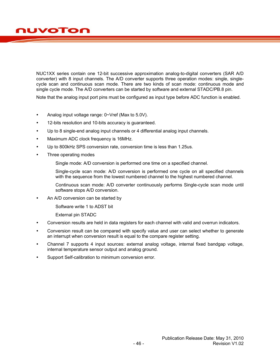 14 analog-to-digital converter (adc), 1 functional description, 2 features | Analog-to-digital converter (adc), Functional description, Features, Nuc100 series data sheet | Rainbow Electronics NUC100 User Manual | Page 46 / 67