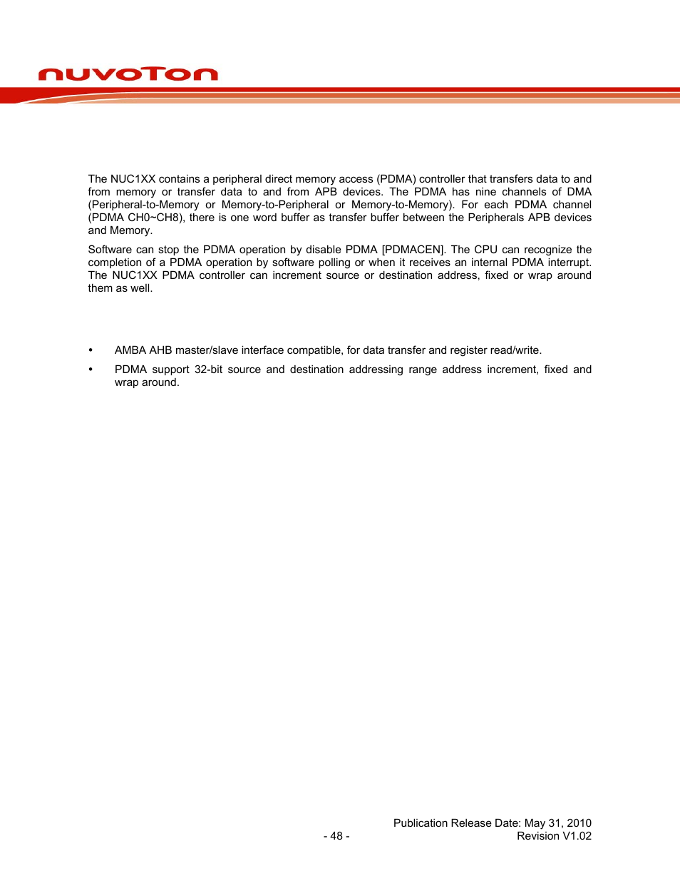 16 pdma controller, 1 overview, 2 features | Pdma controller, Overview, Features, Nuc100 series data sheet | Rainbow Electronics NUC100 User Manual | Page 48 / 67