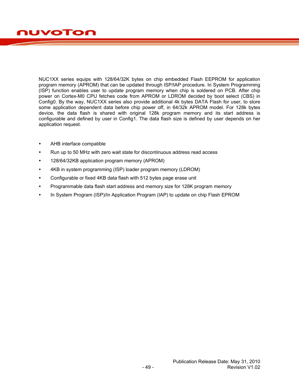 6 flash memory controller (fmc), 1 overview, 2 features | Flash memory controller (fmc), Overview, Features, Nuc100 series data sheet | Rainbow Electronics NUC100 User Manual | Page 49 / 67