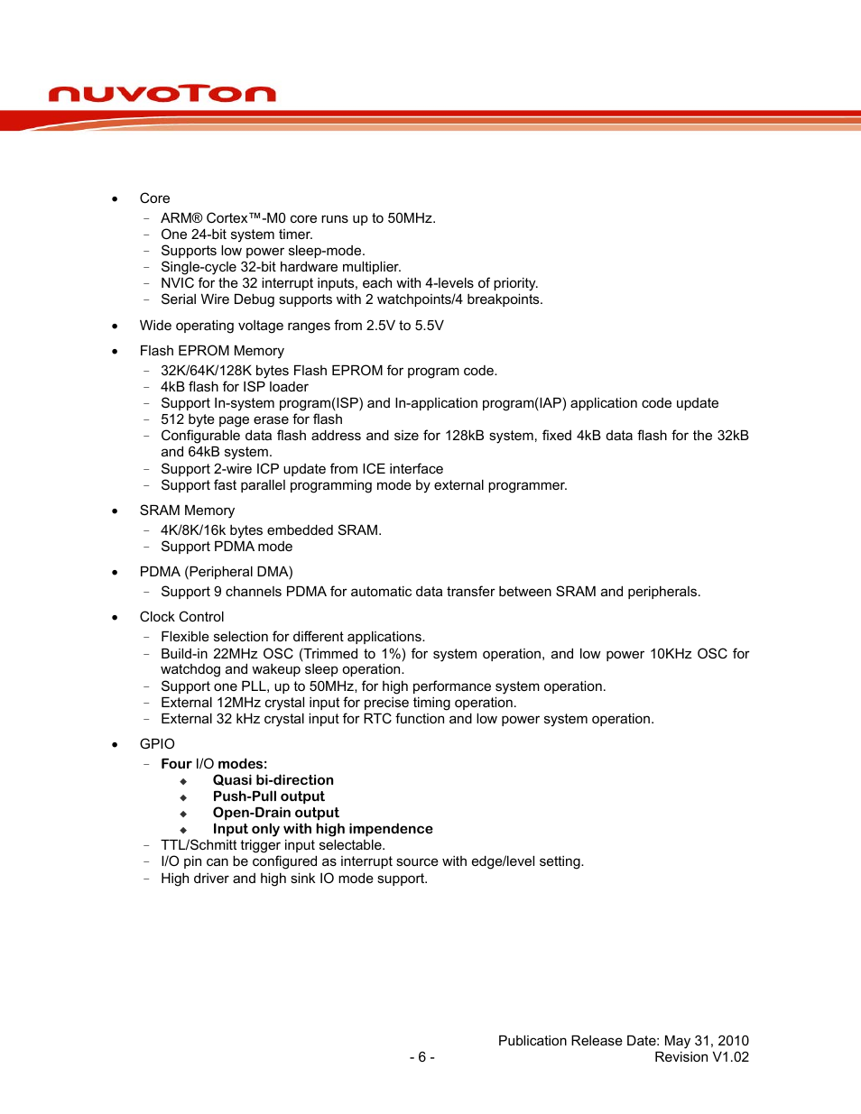 2 features, Features, Nuc100 series data sheet | Rainbow Electronics NUC100 User Manual | Page 6 / 67