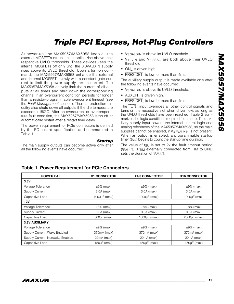 Table 1. power requirement for pcie connectors | Rainbow Electronics MAX5958 User Manual | Page 15 / 25