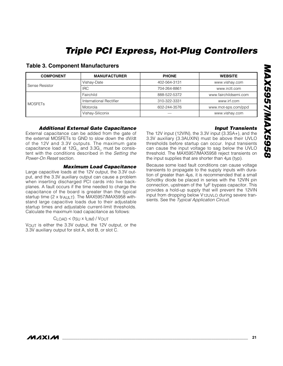 Table 3. component manufacturers | Rainbow Electronics MAX5958 User Manual | Page 21 / 25