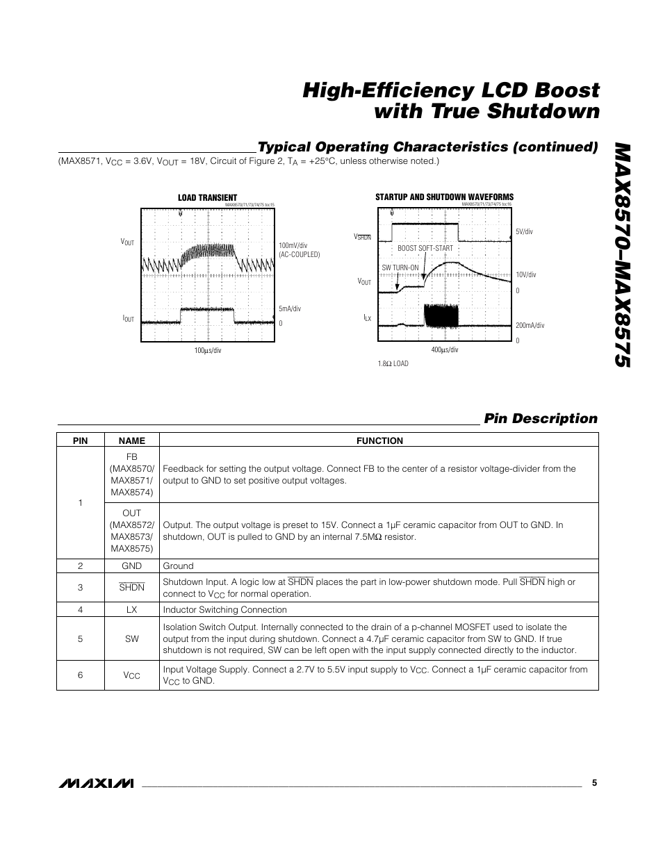 Pin description, Typical operating characteristics (continued) | Rainbow Electronics MAX8575 User Manual | Page 5 / 10