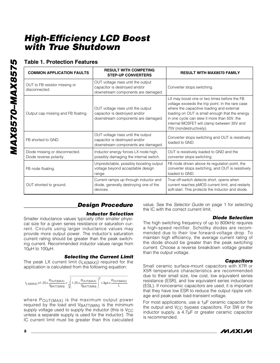 Design procedure, Table 1. protection features | Rainbow Electronics MAX8575 User Manual | Page 8 / 10