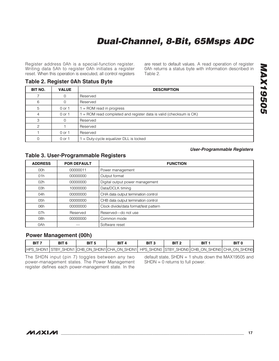 Table 2. register 0ah status byte, Table 3. user-programmable registers, Power management (00h) | Rainbow Electronics MAX19505 User Manual | Page 17 / 34