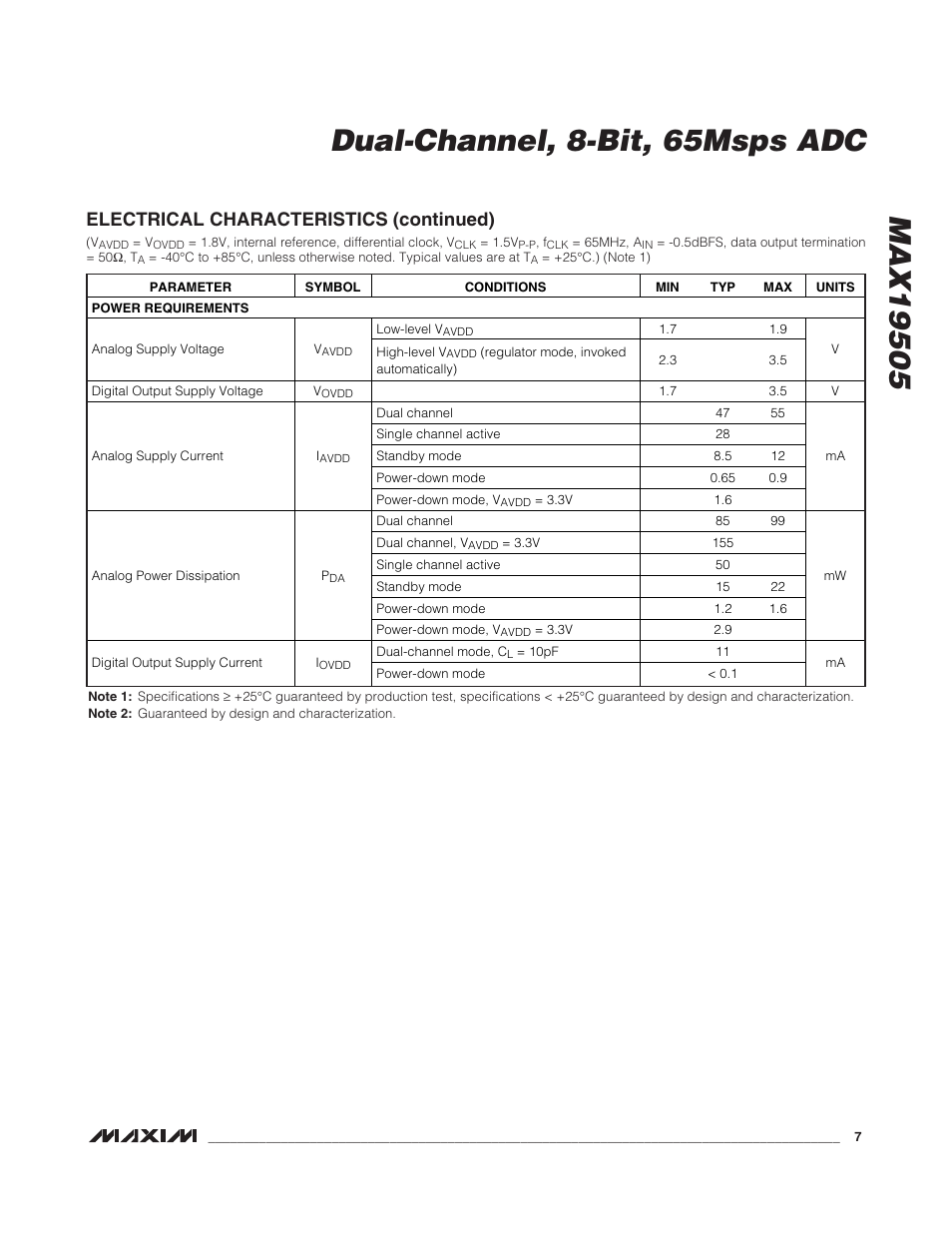 Electrical characteristics (continued) | Rainbow Electronics MAX19505 User Manual | Page 7 / 34