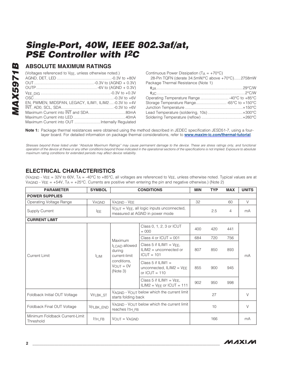 Electrical characteristics, Absolute maximum ratings | Rainbow Electronics MAX5971B User Manual | Page 2 / 46