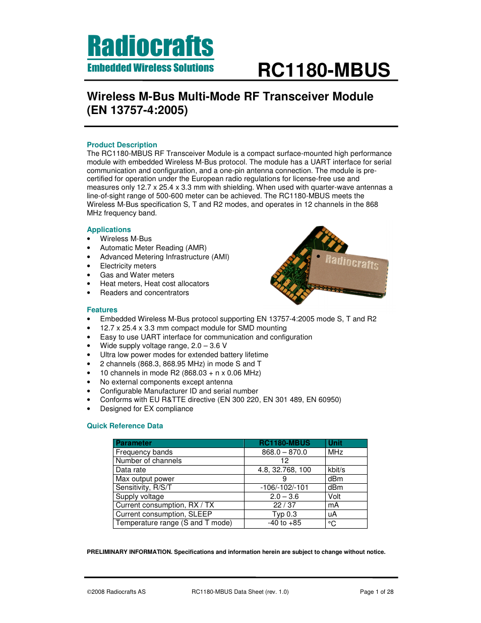 Rainbow Electronics RC1180-MBUS User Manual | 28 pages