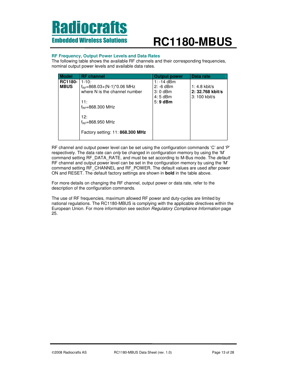 Rc1180-mbus | Rainbow Electronics RC1180-MBUS User Manual | Page 13 / 28