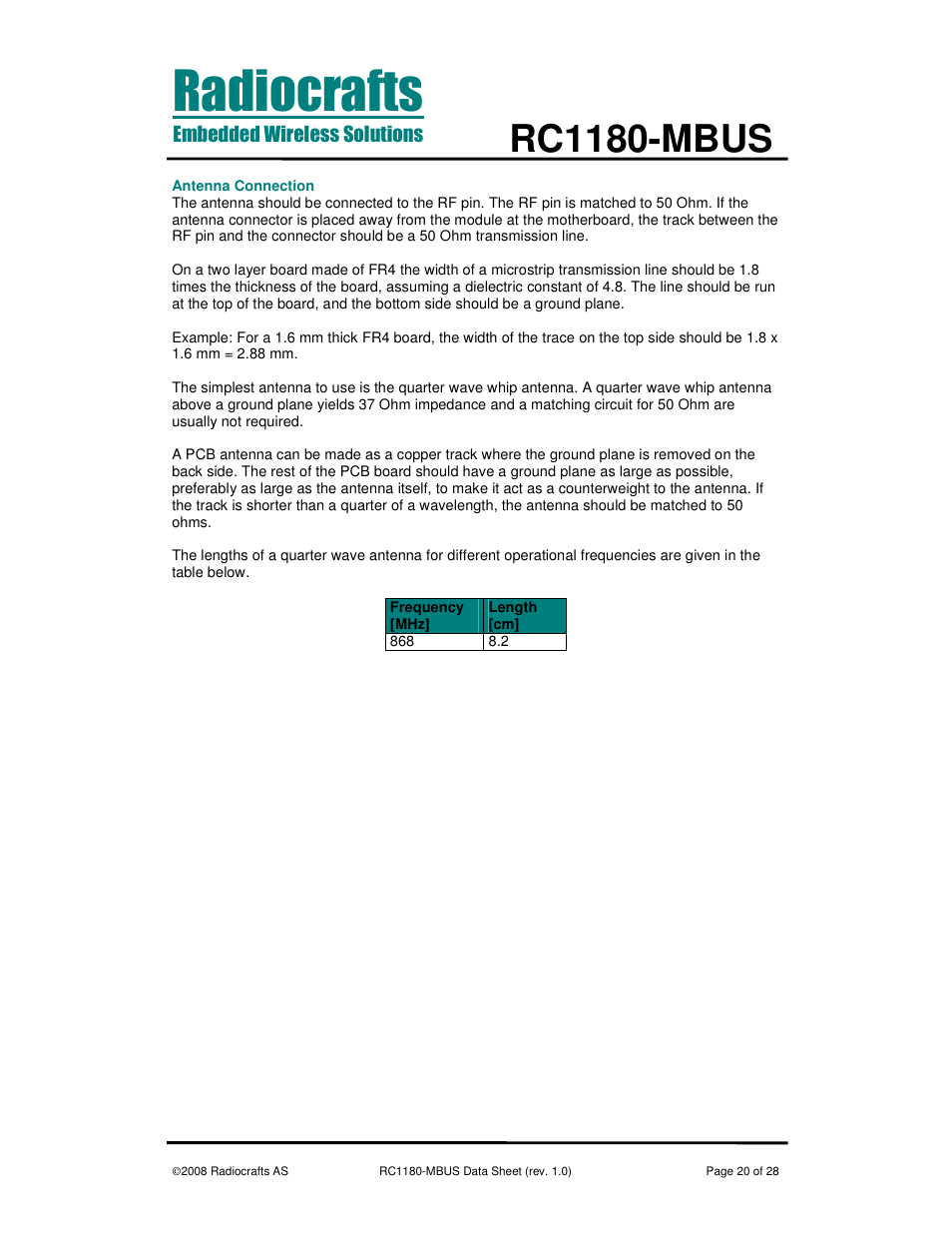 Rc1180-mbus | Rainbow Electronics RC1180-MBUS User Manual | Page 20 / 28