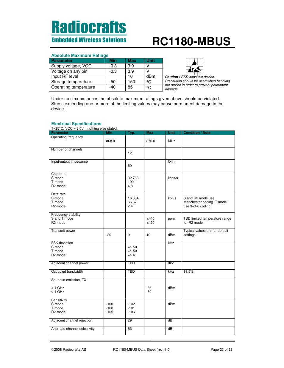 Rc1180-mbus | Rainbow Electronics RC1180-MBUS User Manual | Page 23 / 28