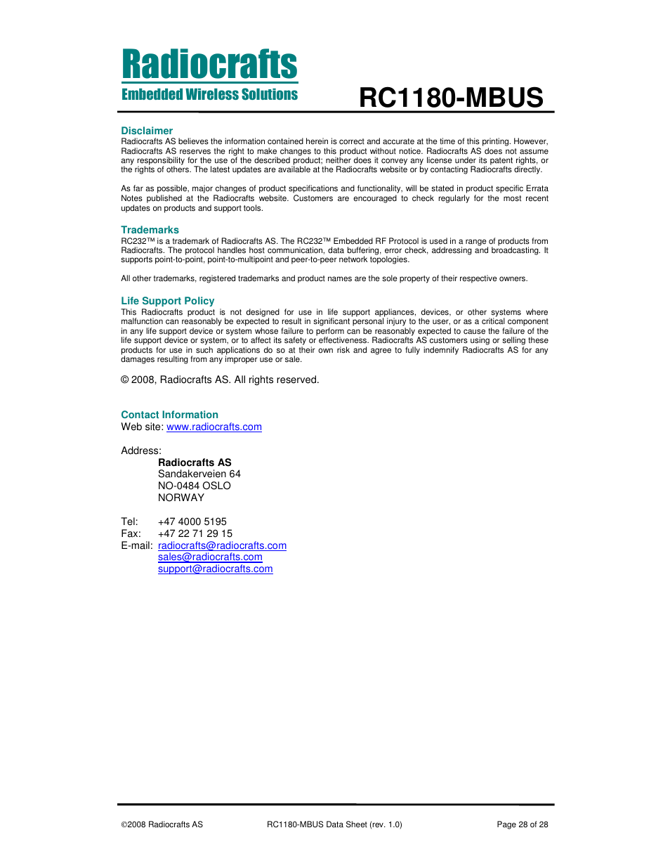 Rc1180-mbus | Rainbow Electronics RC1180-MBUS User Manual | Page 28 / 28