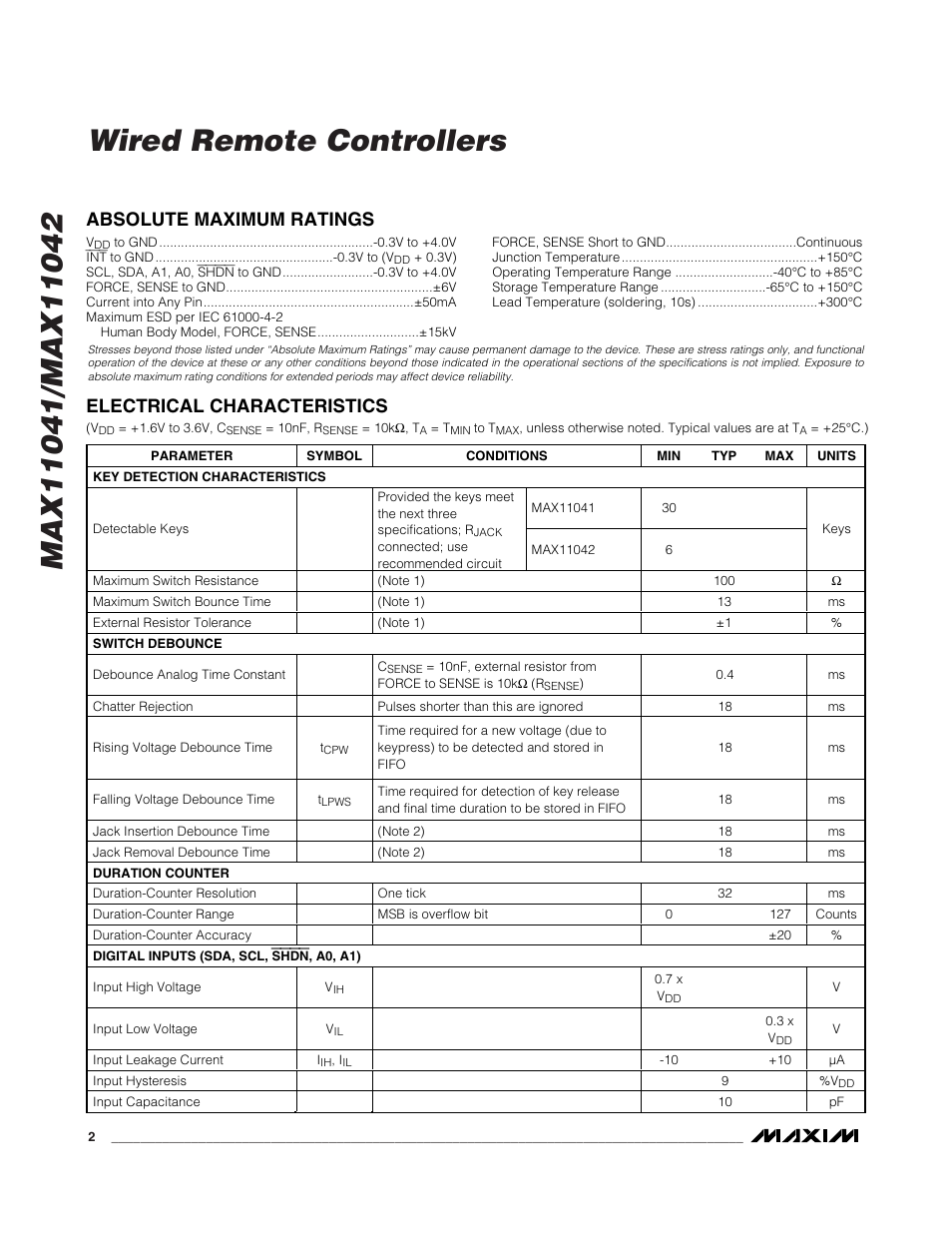 Absolute maximum ratings, Electrical characteristics | Rainbow Electronics MAX11042 User Manual | Page 2 / 18