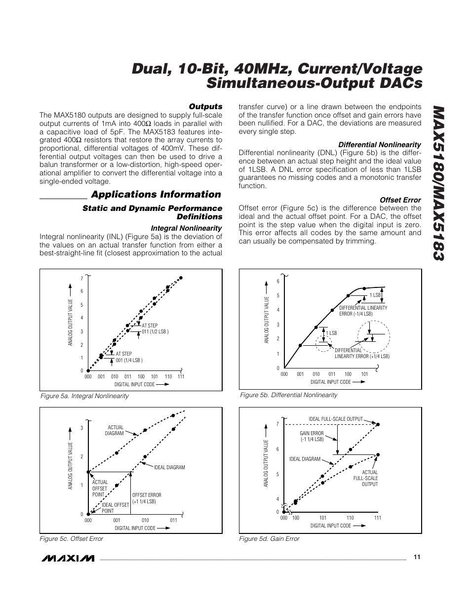 Applications information, Outputs, Static and dynamic performance definitions | Rainbow Electronics MAX5183 User Manual | Page 11 / 15